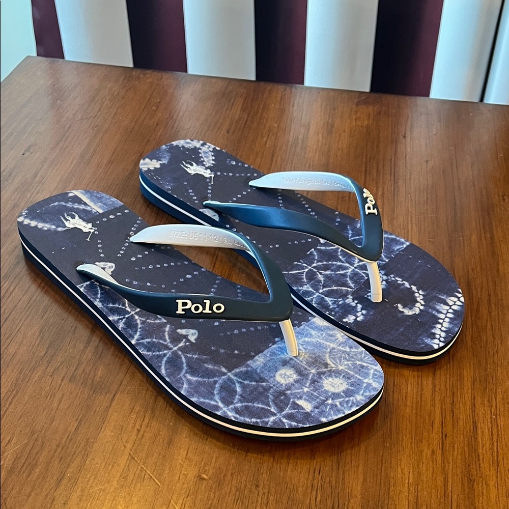 Polo Ralph Lauren Bolt Flip Flops Sandals Shoes Blue Indigo Print Mens Size 12